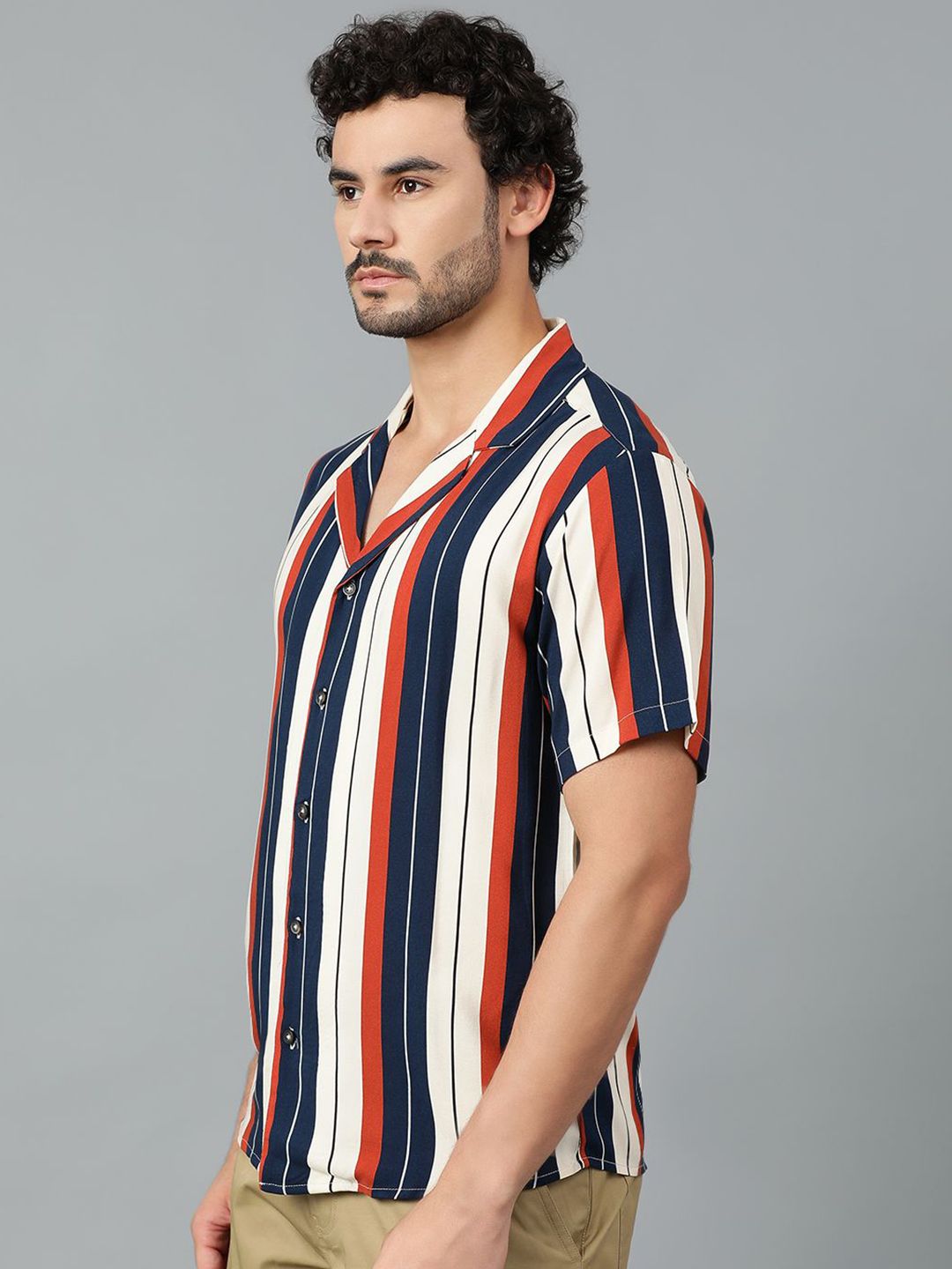 Kotty Men Cuban Collar Striped Casual Shirt
