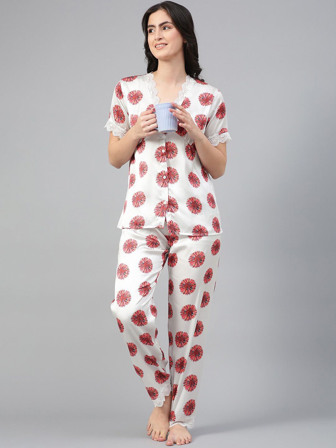 Kotty White & Red Floral Printed Satin Night Suit