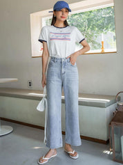 Kotty Women Blue Jean Straight Fit High-Rise Slash Knee Light Fade Stretchable Jeans