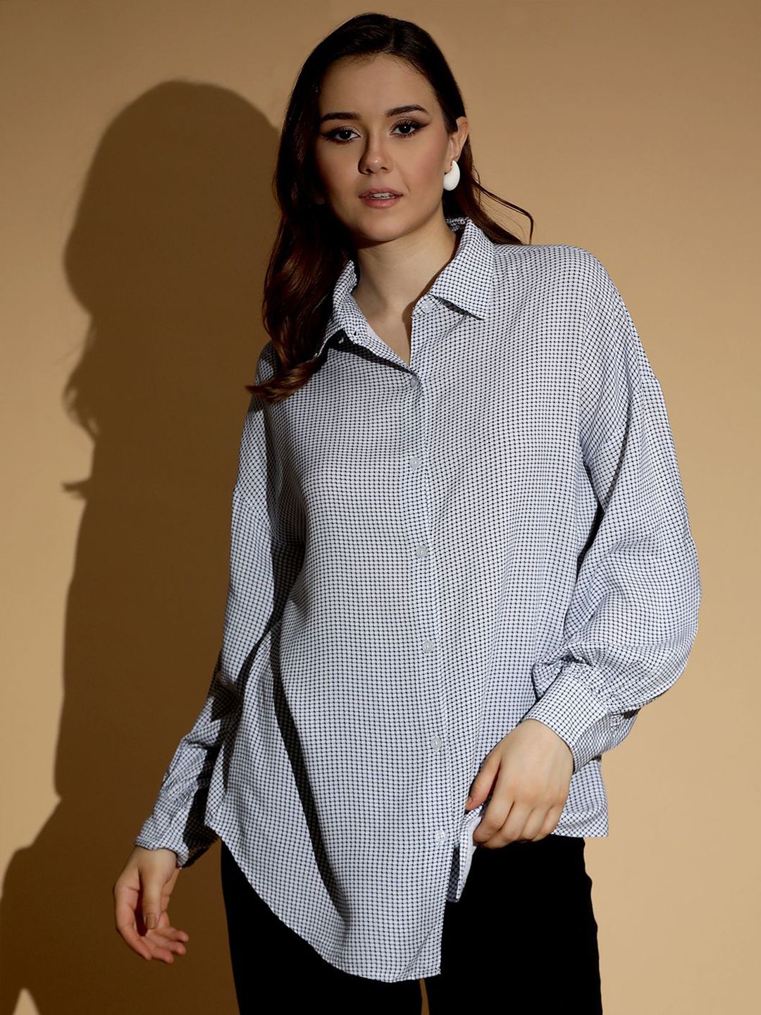 KOTTY BIZwear Women Spread Collar Micro Ditsy Striped Cotton Oversized Casual Shirt