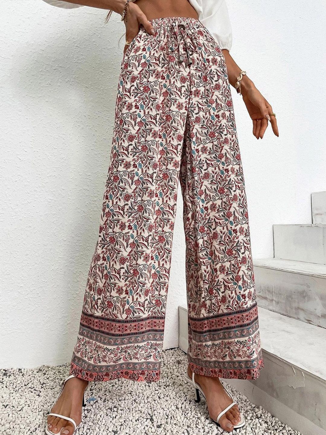 Kotty Women Cream-Coloured Ethnic Motifs Printed Relaxed Straight Fit High-Rise Easy Wash Trousers