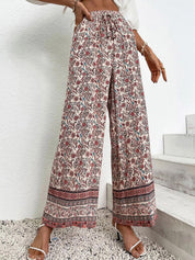 Kotty Women Cream-Coloured Ethnic Motifs Printed Relaxed Straight Fit High-Rise Easy Wash Trousers