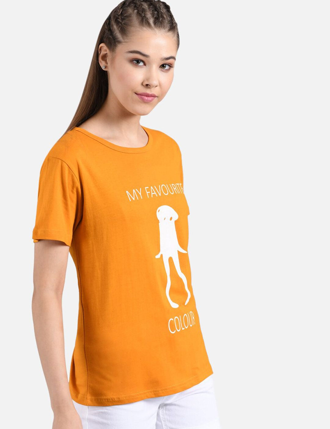 Kotty Women Mustard Orange Printed Round Neck T-shirt