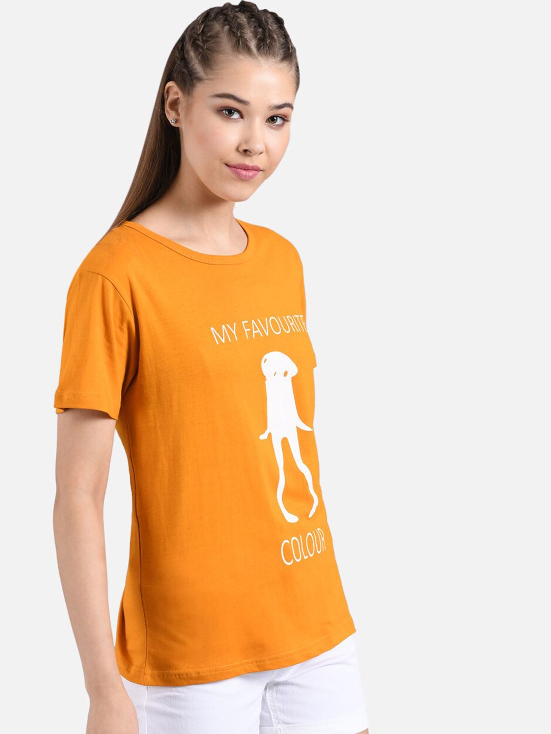 Kotty Women Mustard Orange Printed Round Neck T-shirt