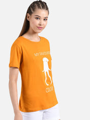 Kotty Women Mustard Orange Printed Round Neck T-shirt