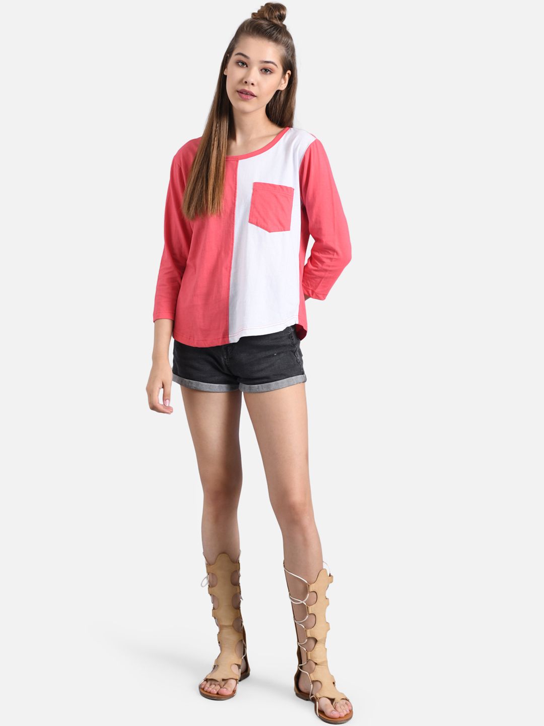 Kotty Women Coral Pink & White Colourblocked Round Neck T-shirt