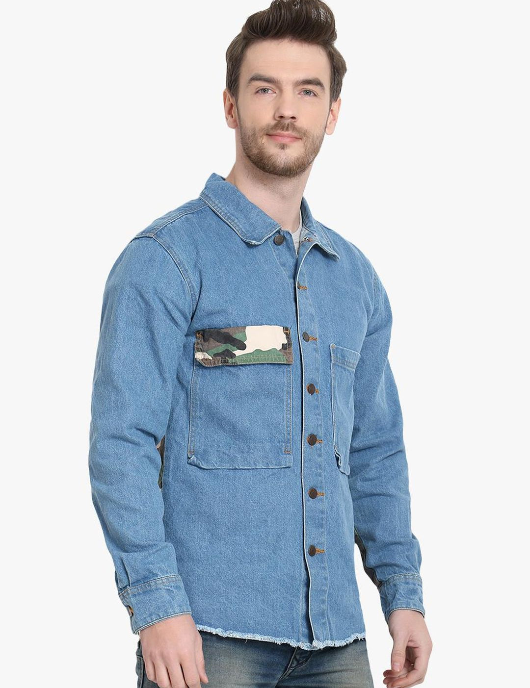 Kotty Men Blue & Green Camouflage Printed Denim Jacket