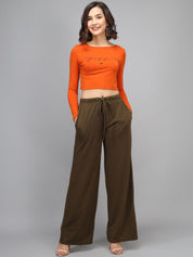 Kotty Women Olive Green Loose Fit High-Rise Parallel Trousers