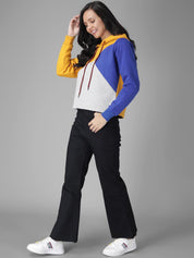 Kotty Women Yellow & Blue Colourblocked Hooded Sweatshirt