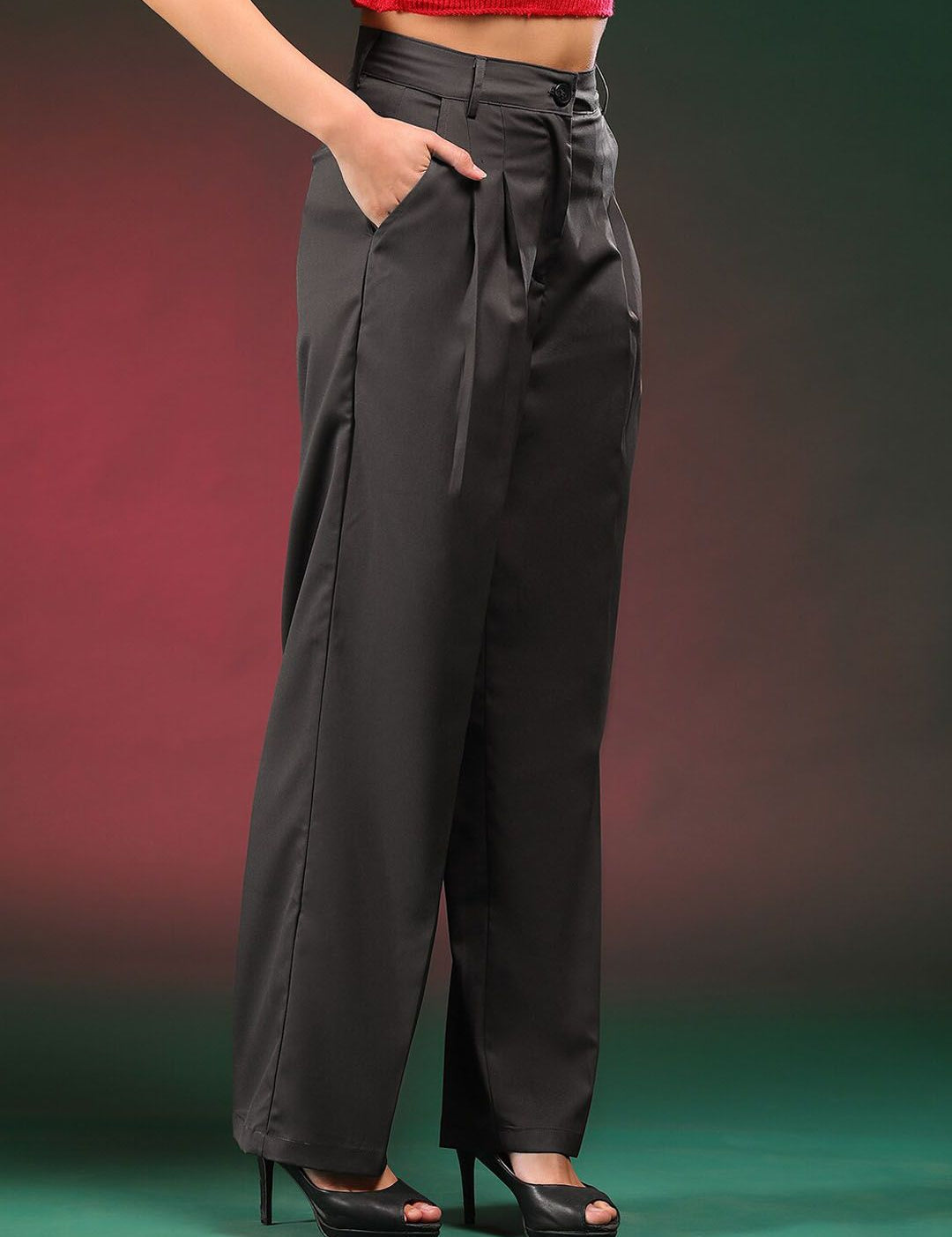 Stylecast X KOTTY BIZwear Women Relaxed Straight Leg Fit High-Rise Pleated Parallel Trouser