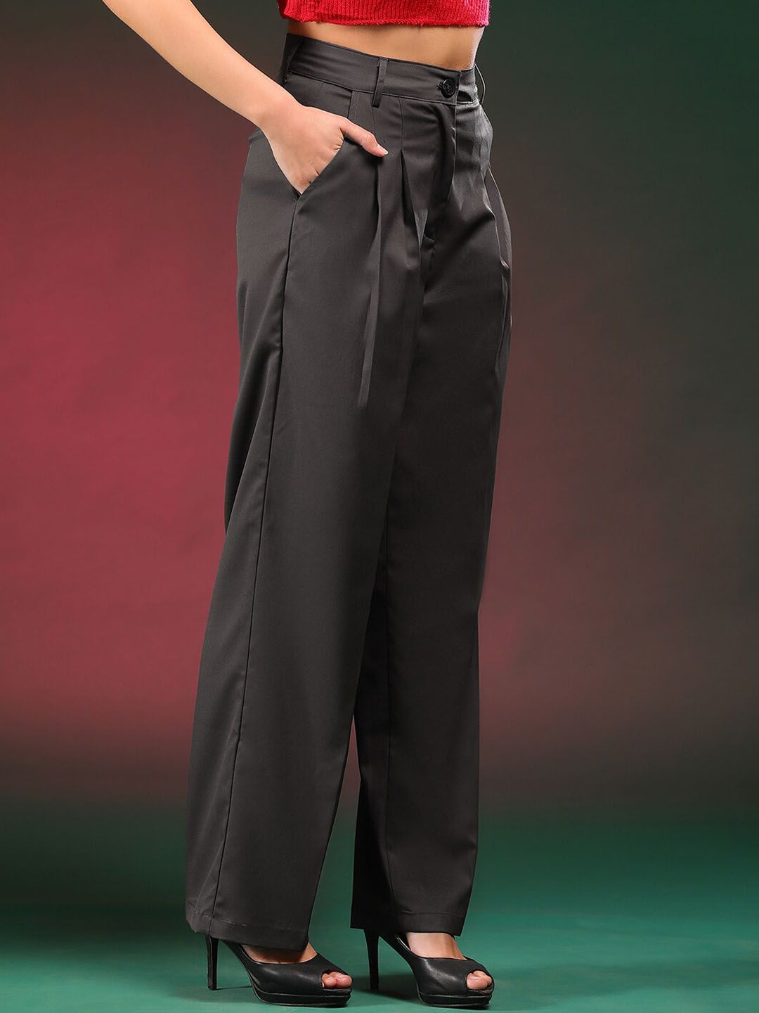 Stylecast X KOTTY BIZwear Women Relaxed Straight Leg Fit High-Rise Pleated Parallel Trouser