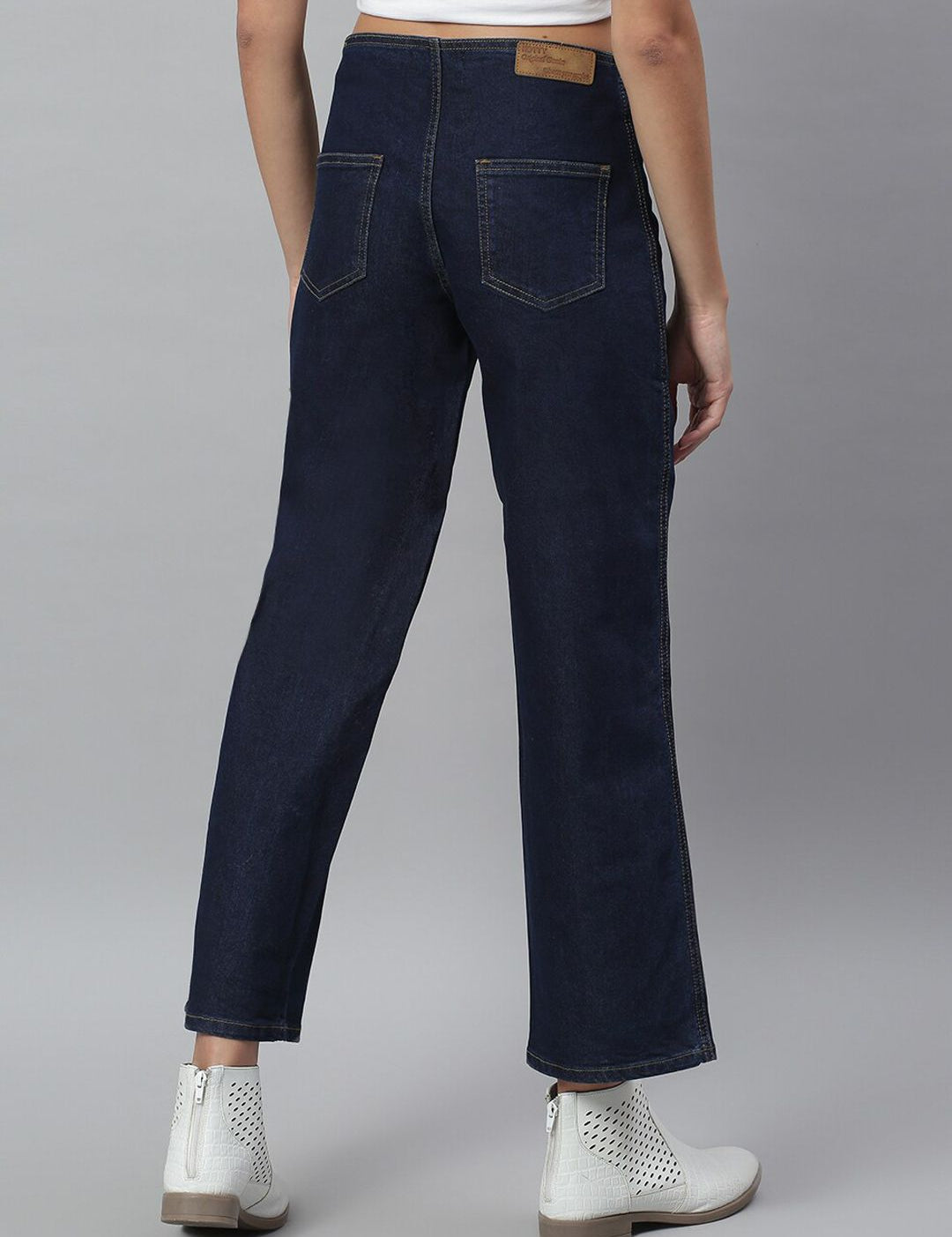 Kotty Women Navy Blue Solid Cotton High Rise Crop Flared Jeans