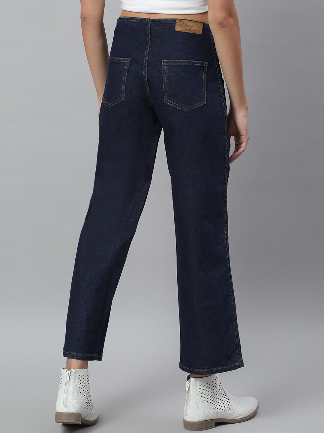 Kotty Women Navy Blue Solid Cotton High Rise Crop Flared Jeans