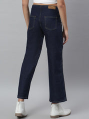 Kotty Women Navy Blue Solid Cotton High Rise Crop Flared Jeans