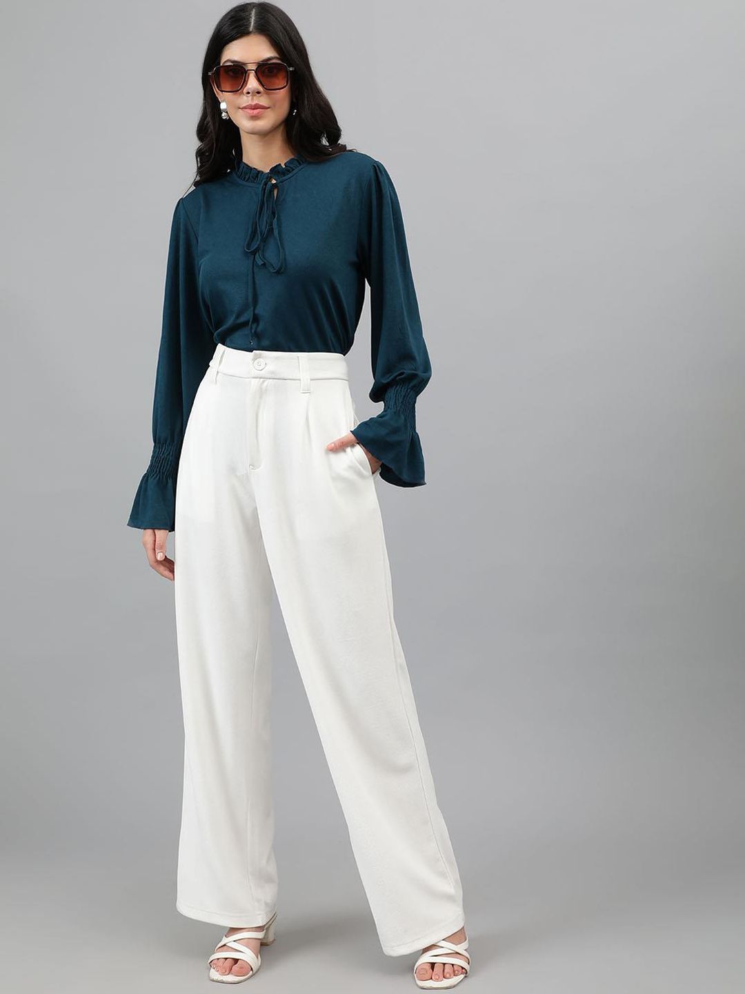 KOTTY BIZwear Women White Relaxed Straight Leg Straight Fit High-Rise Easy Wash Pleated Trousers