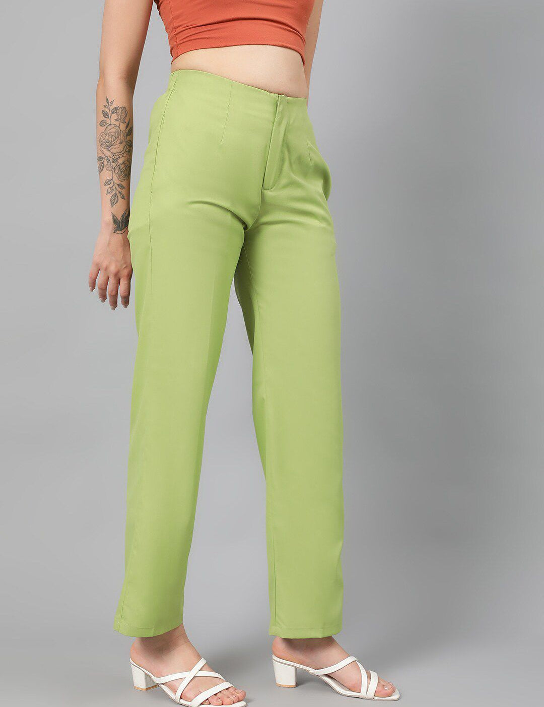 Kotty Women Green Relaxed Straight Leg Fit High-Rise Easy Wash Parallel Trousers