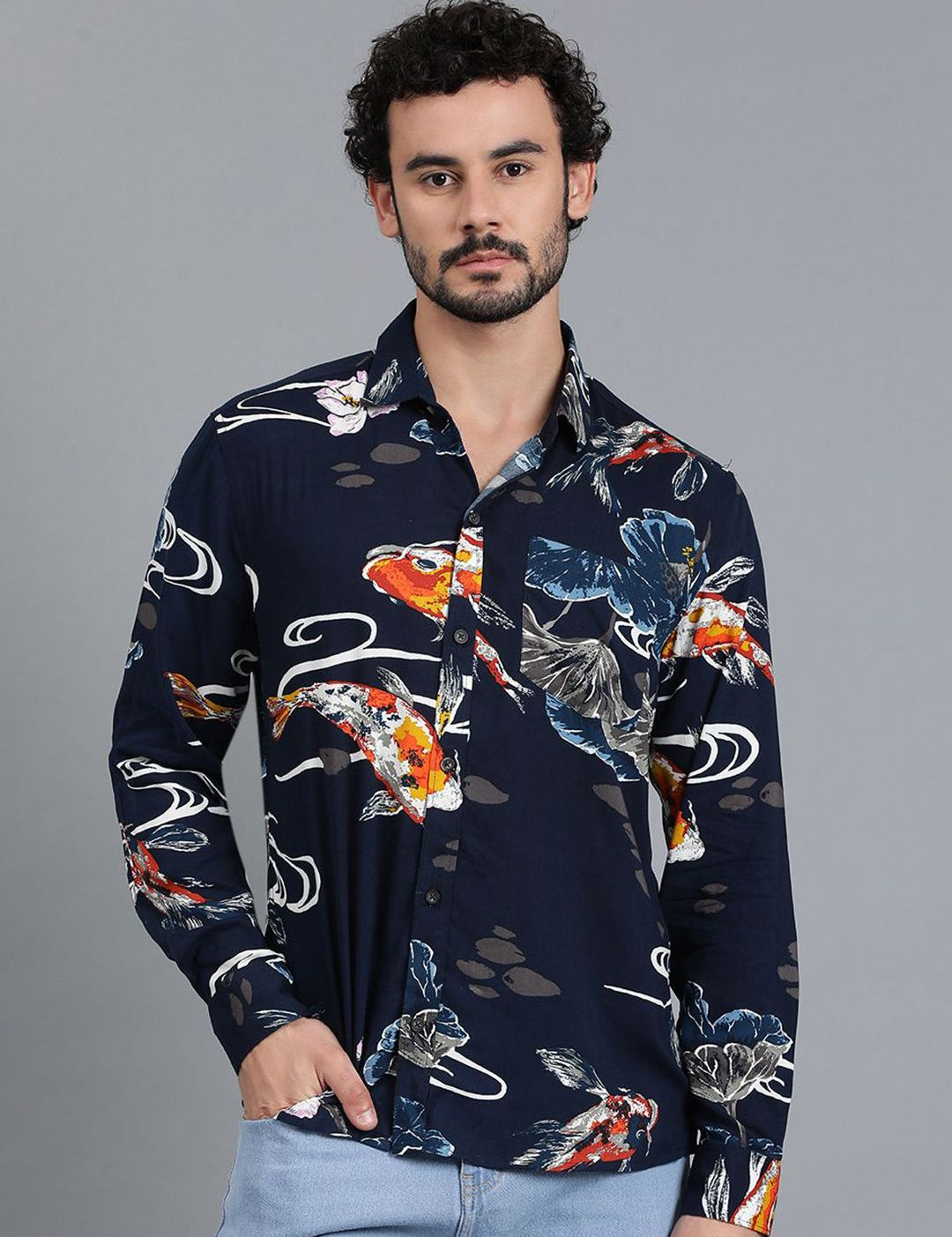 Kotty New Navy Blue Floral Printed Spread Collar Casual Shirt