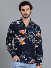 Kotty New Navy Blue Floral Printed Spread Collar Casual Shirt