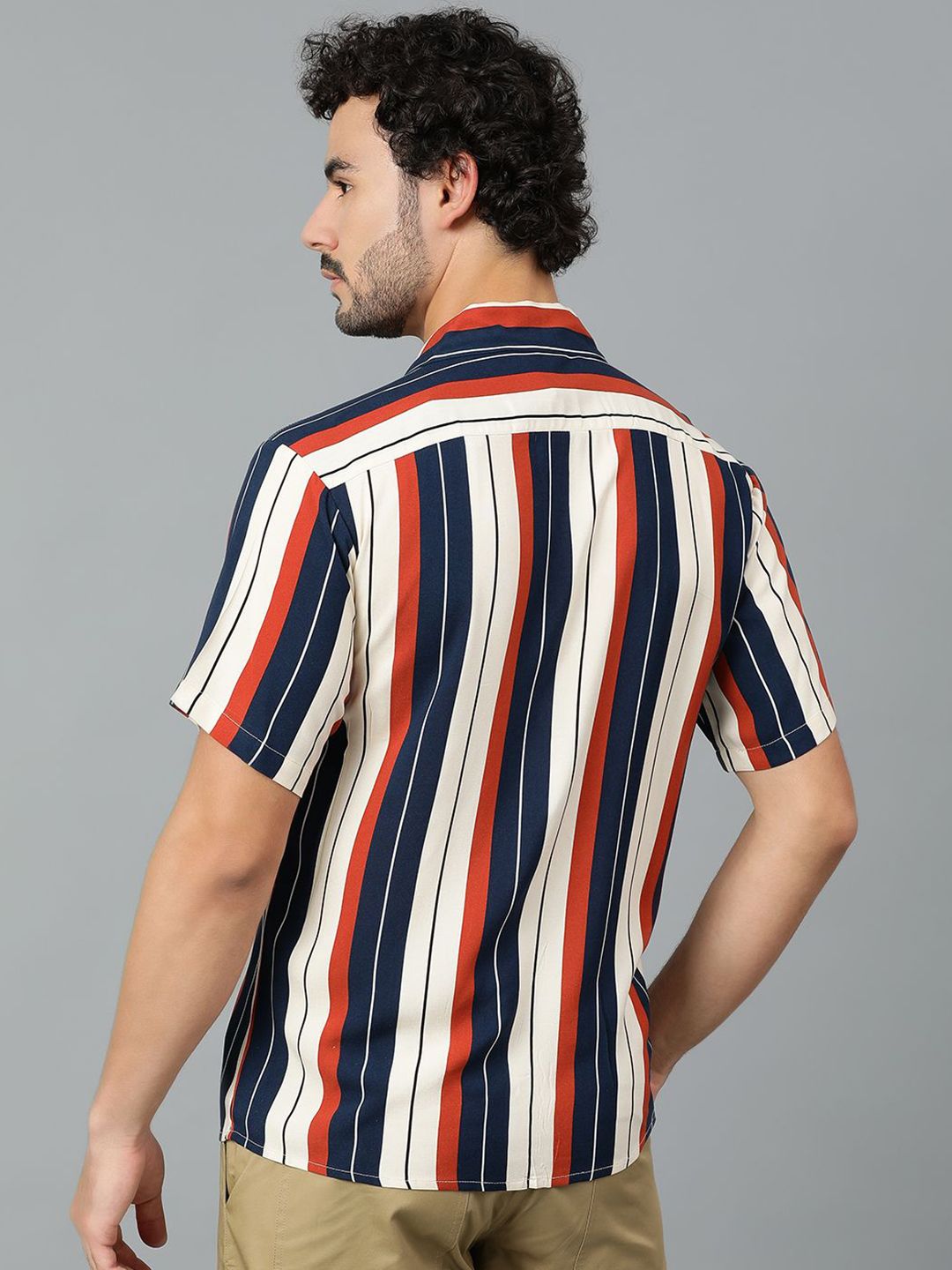 Kotty Men Cuban Collar Striped Casual Shirt