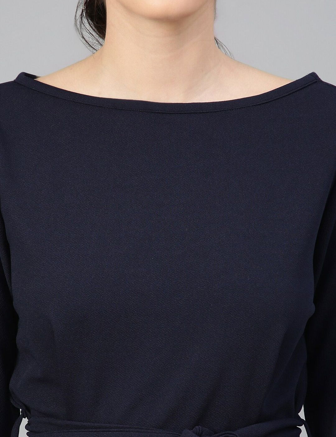 Kotty Navy Blue Puff Sleeves A-Line Dress With Belt