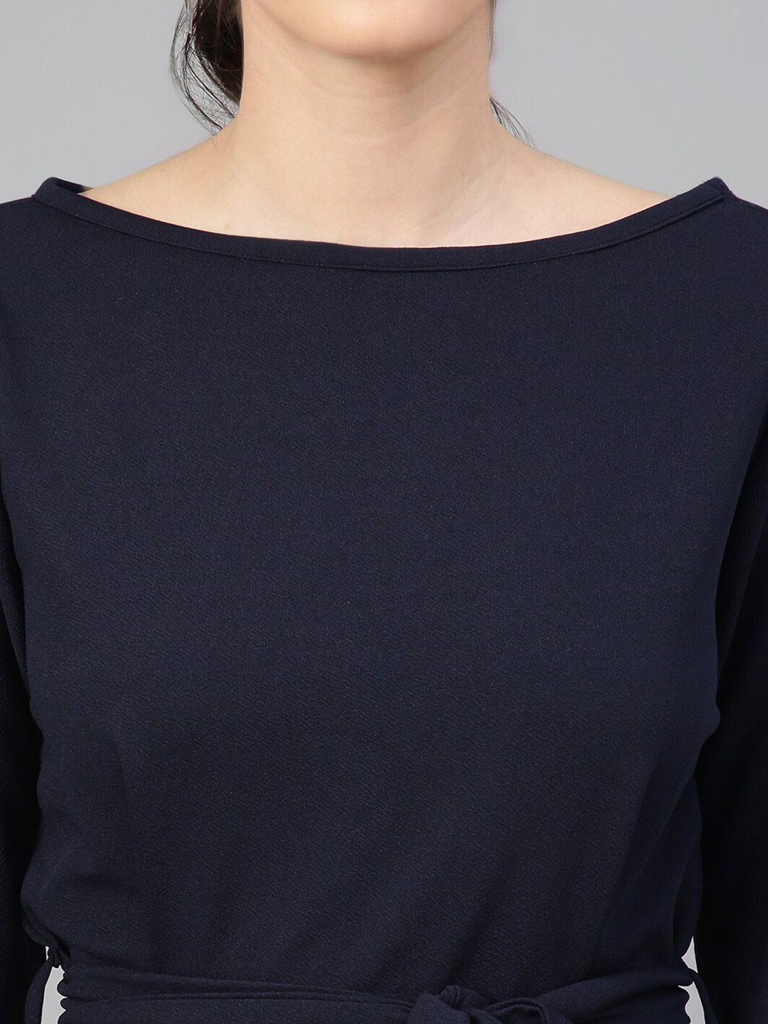 Kotty Navy Blue Puff Sleeves A-Line Dress With Belt