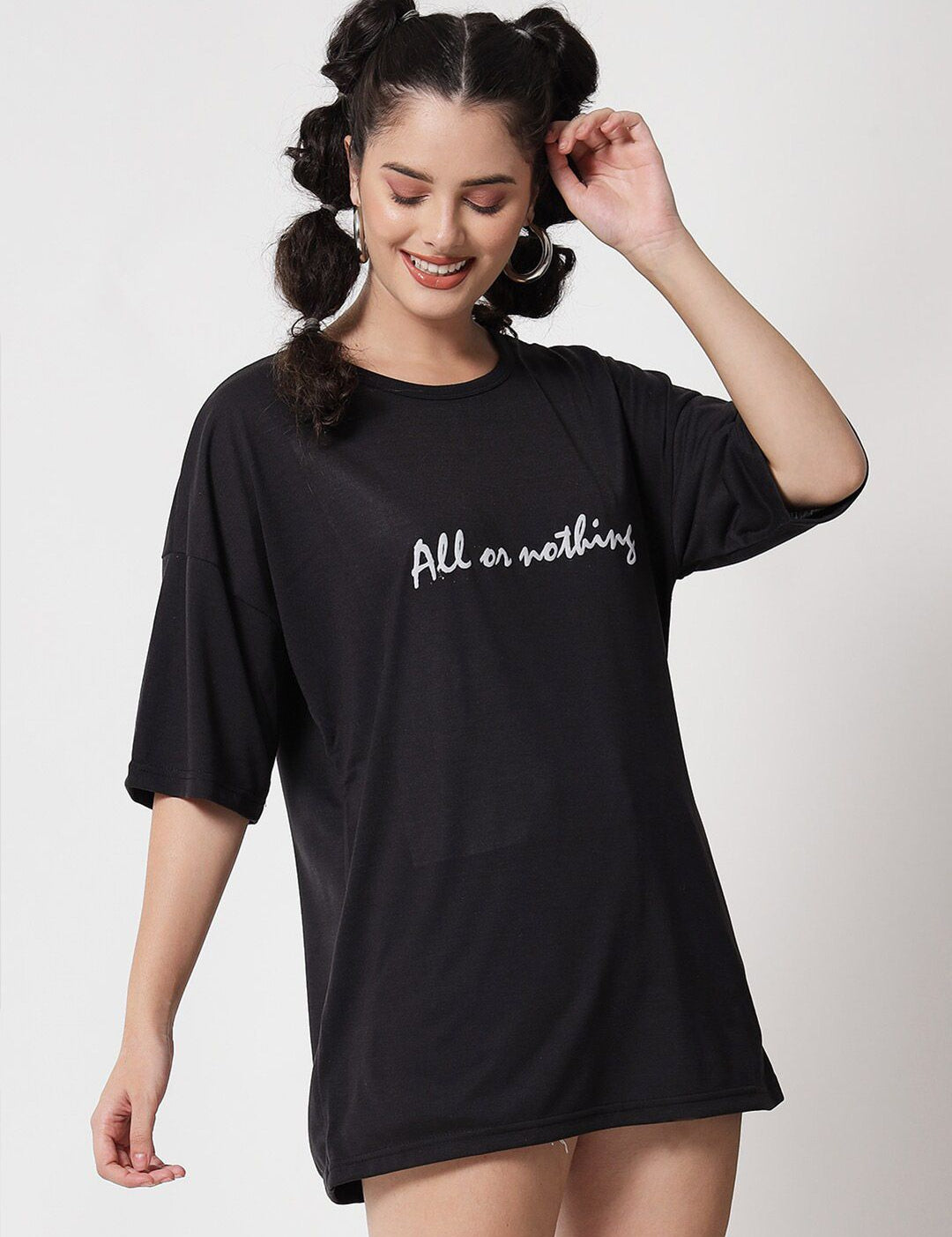 Kotty Women Black Typography Printed V-Neck Oversized T-shirt