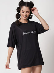 Kotty Women Black Typography Printed V-Neck Oversized T-shirt