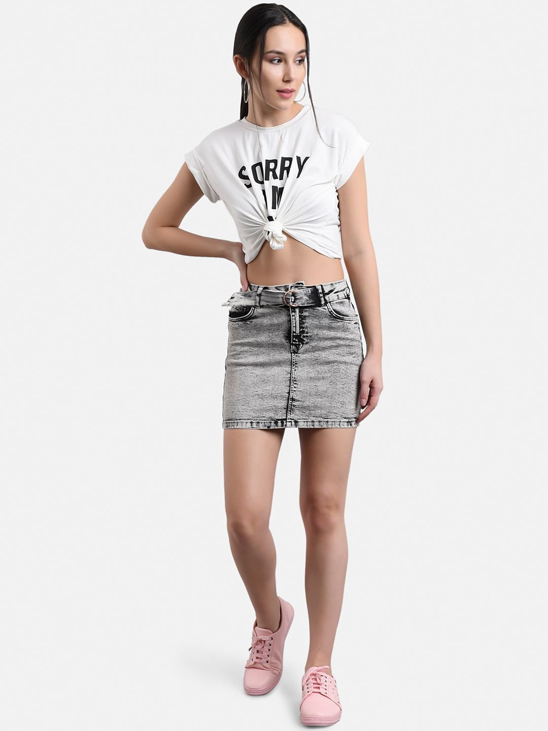 Kotty Women Grey Washed Denim Mini Straight Skirt