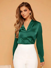 KOTTY BIZwear Green V-Neck Cuffed Sleeves Satin Top