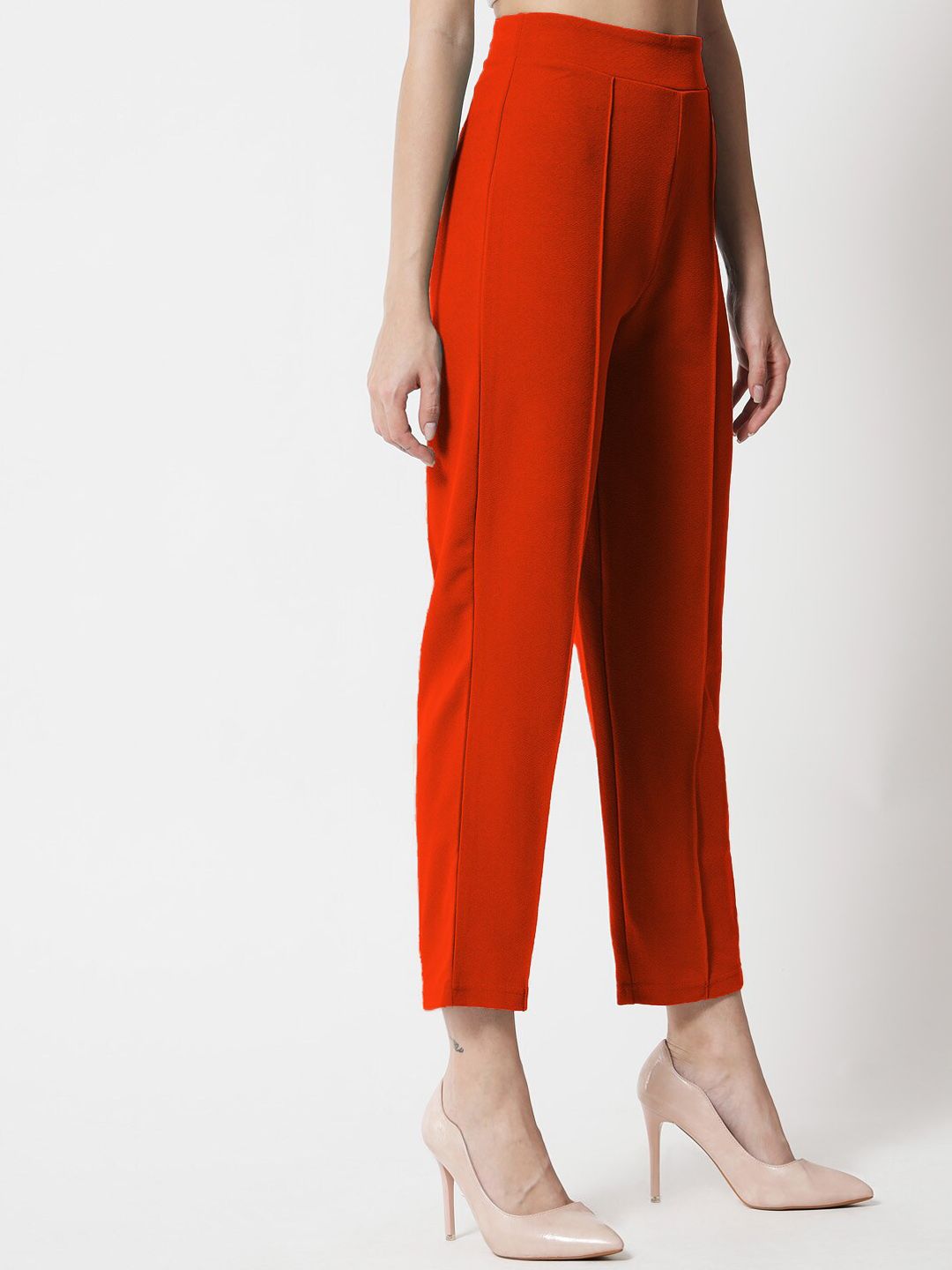 Kotty Women Orange Comfort Straight Fit High-Rise Easy Wash Trousers