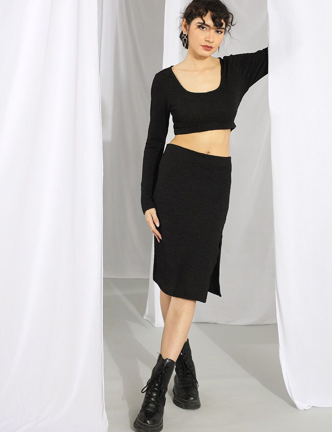 KOTTY Basics Black Scoop Neck Crop Top & Skirt