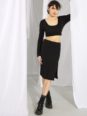 KOTTY Basics Black Scoop Neck Crop Top & Skirt