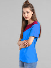 Kotty Women Blue & Maroon Colourblocked Round Neck T-shirt