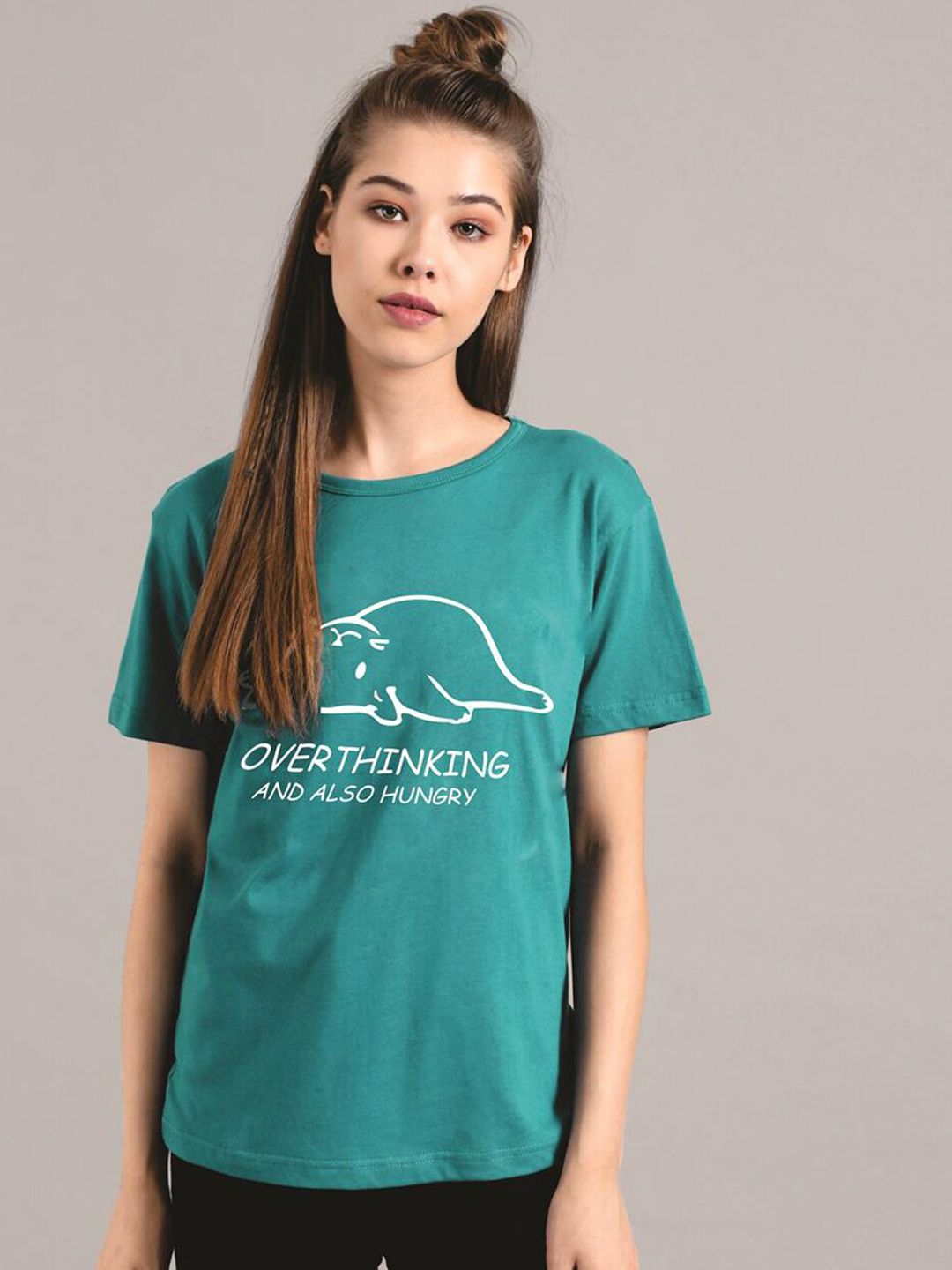 Kotty Women Green Printed Round Neck T-shirt