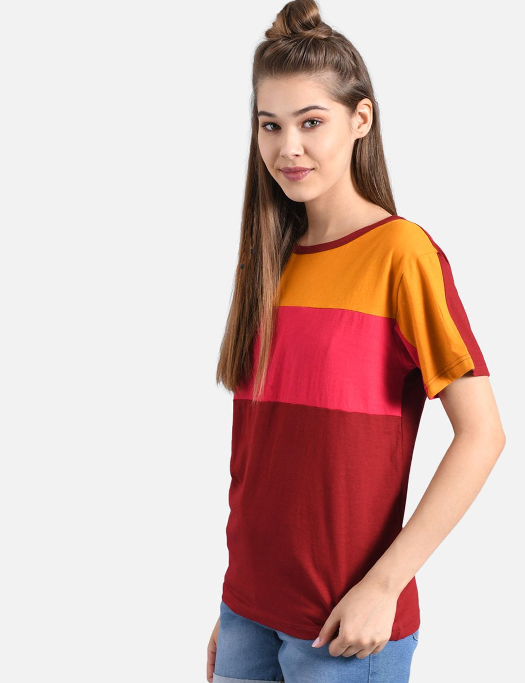 Kotty Women Yellow Colourblocked Round Neck T-shirt