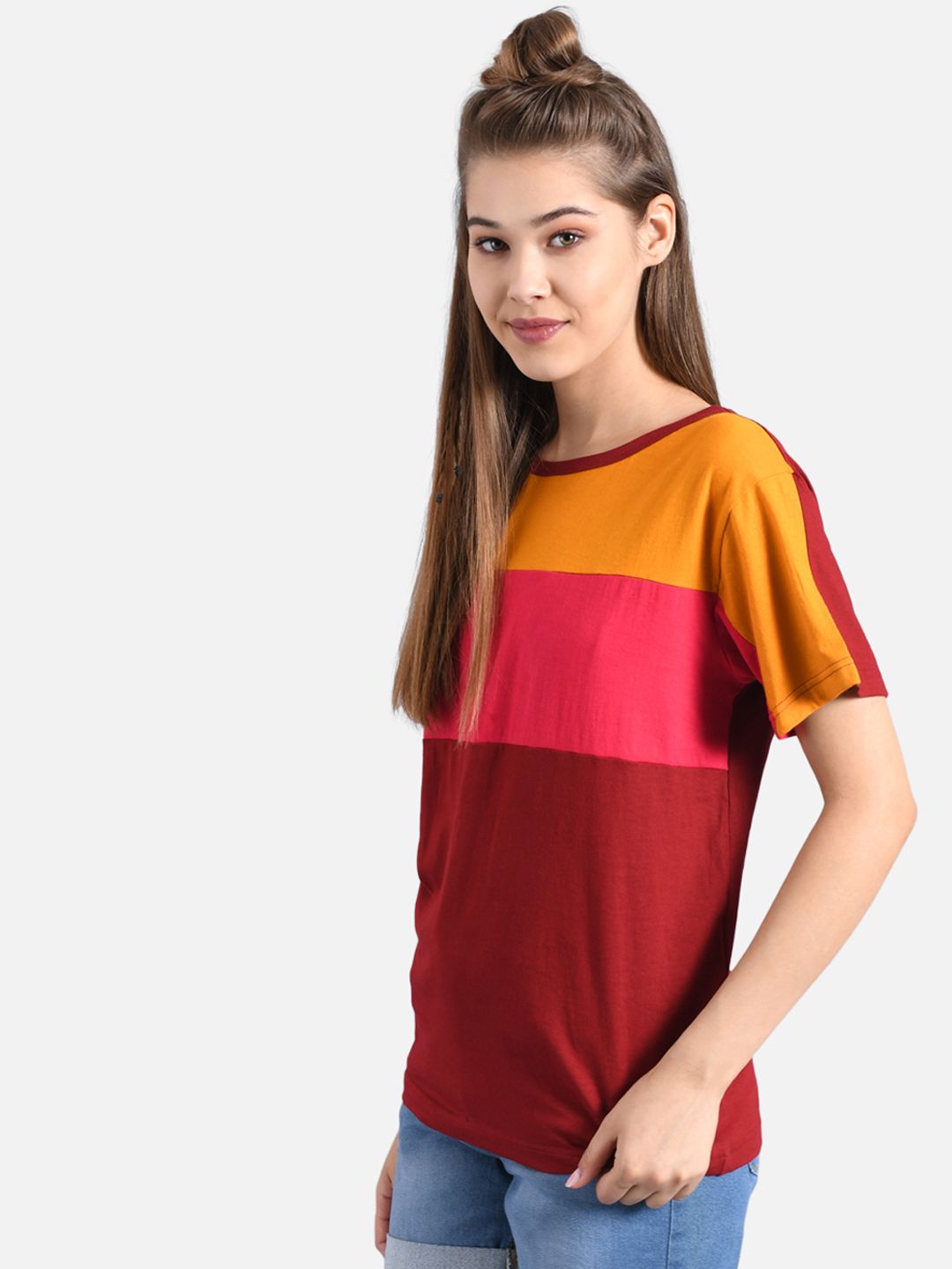 Kotty Women Yellow Colourblocked Round Neck T-shirt