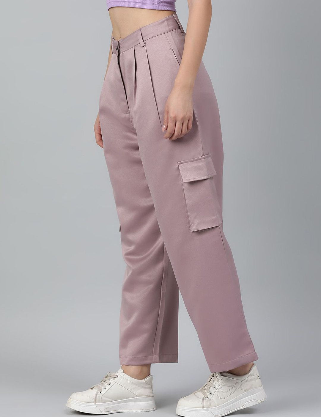 Kotty Women Pink Straight Fit High-Rise Easy Wash Cargos Trousers