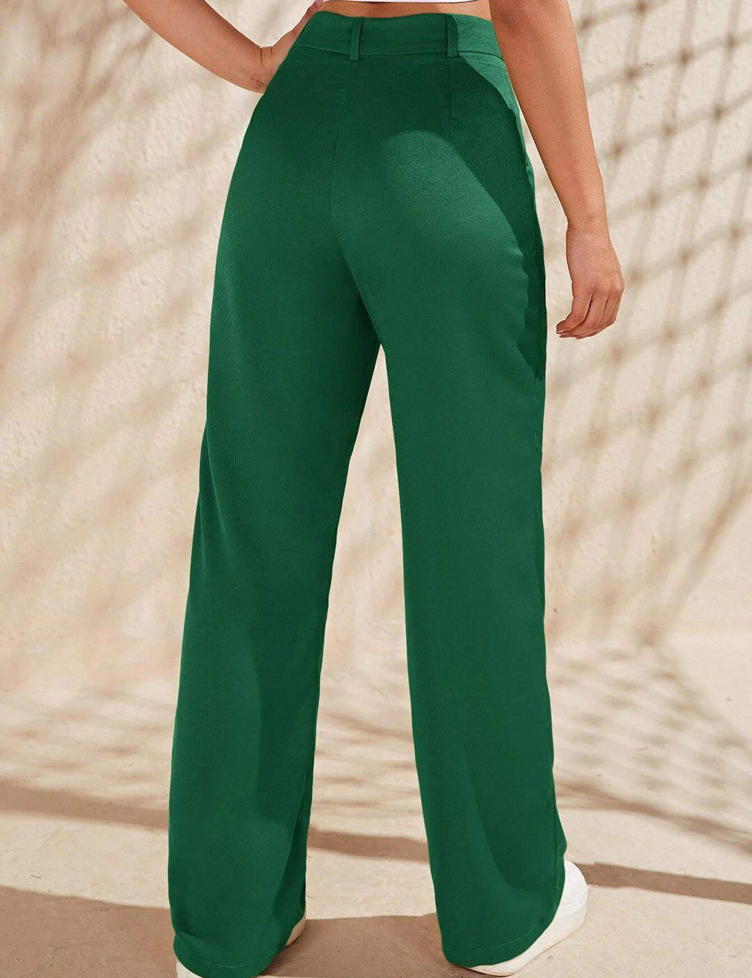 KOTTY BIZwear Women Green Relaxed Straight Fit High-Rise Easy Wash Pleated Trousers