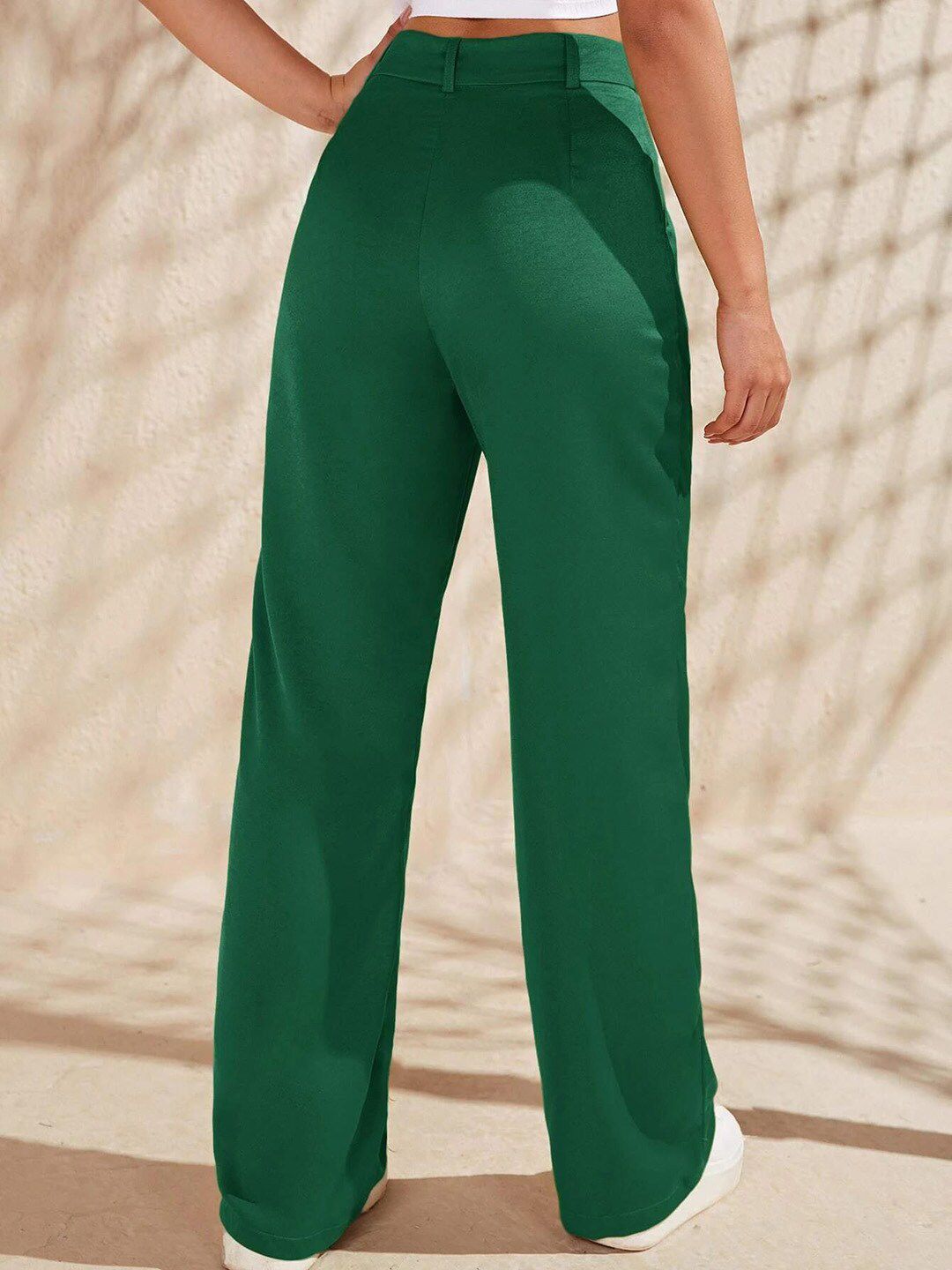 KOTTY BIZwear Women Green Relaxed Straight Fit High-Rise Easy Wash Pleated Trousers