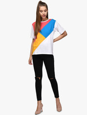Kotty Women White & Blue Colourblocked Boat Neck T-shirt