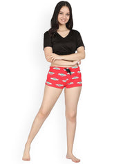 Kotty Women Red & Off-White Printed Lounge Shorts