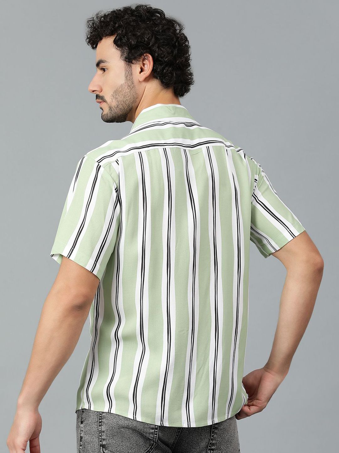 Kotty Men Cuban Collar Striped Casual Shirt