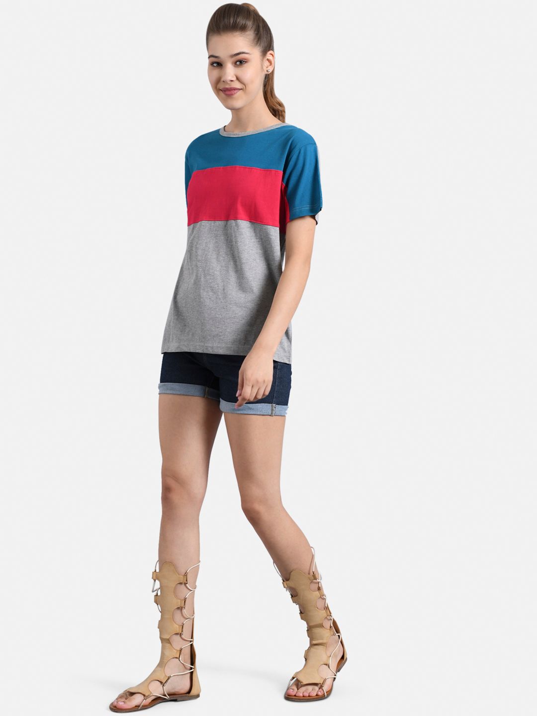 Kotty Women Grey & Blue Colourblocked Round Neck T-shirt