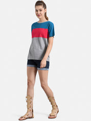 Kotty Women Grey & Blue Colourblocked Round Neck T-shirt