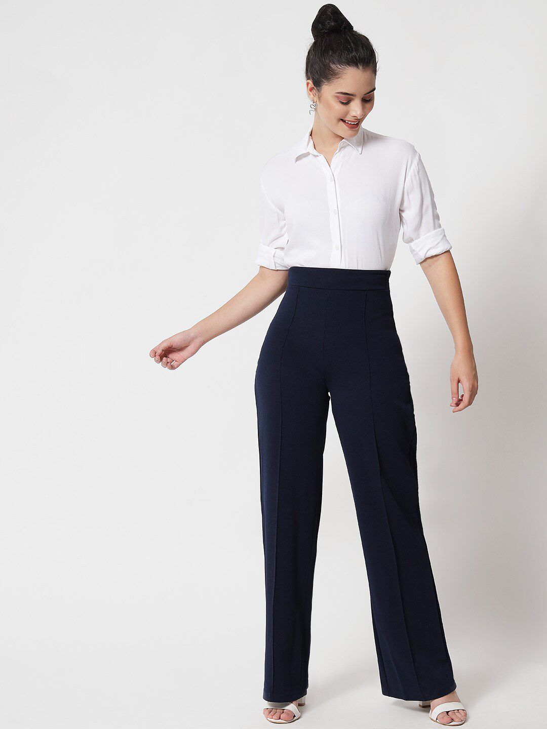 Kotty Women Navy Blue Relaxed Straight Fit High-Rise Easy Wash Trousers