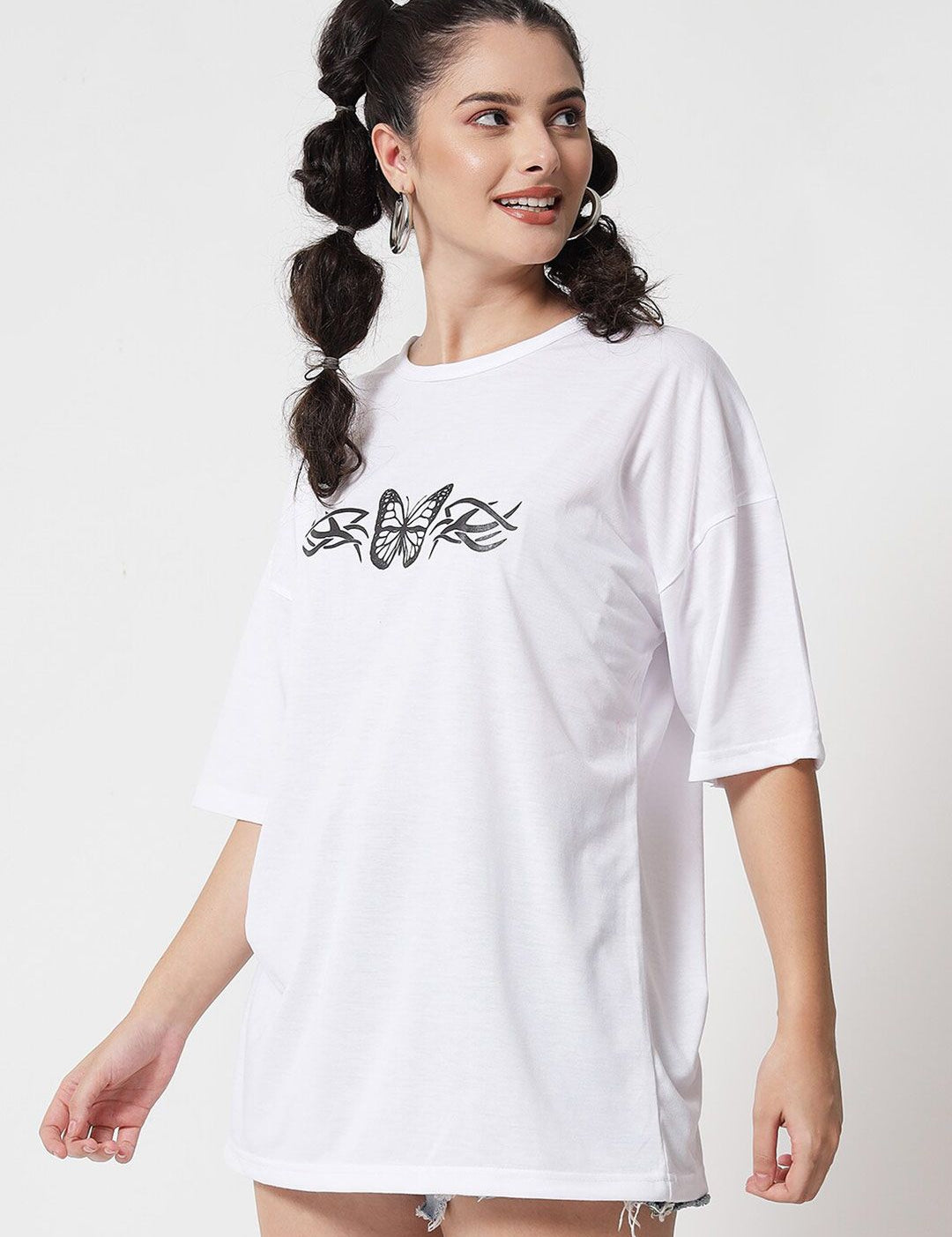 Kotty Women White Typography Printed Oversized T-shirt