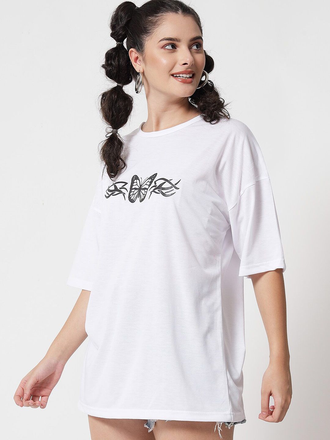 Kotty Women White Typography Printed Oversized T-shirt