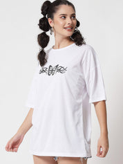 Kotty Women White Typography Printed Oversized T-shirt