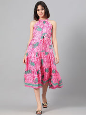 Kotty Floral Printed Halter Neck Layered Crepe Fit & Flare Midi Dress