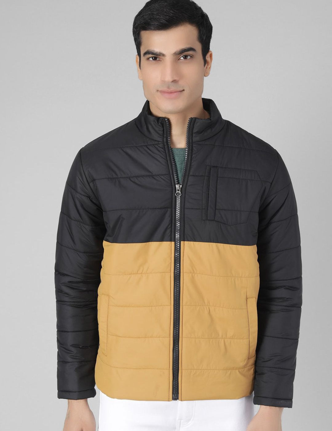 Kotty Men Yellow & Black Colourblocked Puffer Jacket